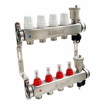 Коллекторная группа VALFEX VF.586.0602 2-х контурный ВР-НР 1"x3/4" DN 25 PN 6 с дренажными кранами и регулирующими, балансировочными клапанами и расходомерами
