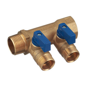 Коллектор распределительный Tiemme Nino 1820002 2 отвода ВР-НР 3/4"х1/2" DN 20 PN 16 с шаровыми кранами синяя рукоятка модульный