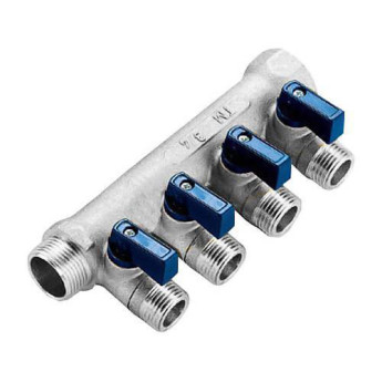 Коллектор распределительный Tiemme Nino 1820049 4 отвода ВР-НР 3/4"х1/2" DN 20 PN 16 с шаровыми кранами синяя рукоятка модульный