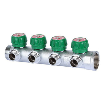 Коллектор распределительный STOUT SMB 6849 4 отвода ВР-НР 1"х1/2" DN 25 PN 16 с регулирующими клапанами плоское уплотнение