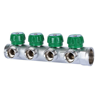 Коллектор распределительный STOUT SMB 6850 4 отвода ВР-НР 1"х3/4" DN 25 PN 16 с регулирующими клапанами
