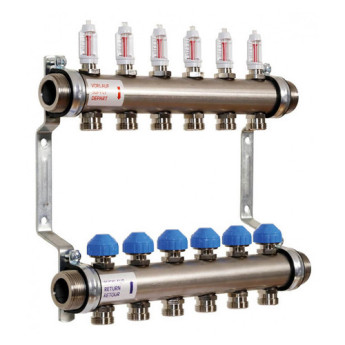 Коллекторная группа Watts HKV 2013A-VA 6-ти контурный НР 1"x3/4" DN 25 PN 6 с регулирующими клапанами расходомеры