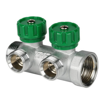 Коллектор распределительный FAR FK 3821 2 отвода ВР-НР 3/4"х1/2" DN 20 PN 16 с регулирующими клапанами плоское уплотнение